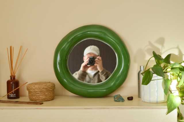 Handmade Forest Green Sculptural Mirror - Vanity Wall Abstract Organic Shape Earthy Aesthetic Statement Decor - image 1