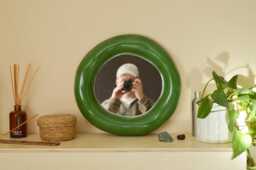 Handmade Forest Green Sculptural Mirror - Vanity Wall Abstract Organic Shape Earthy Aesthetic Statement Decor - thumbnail 1