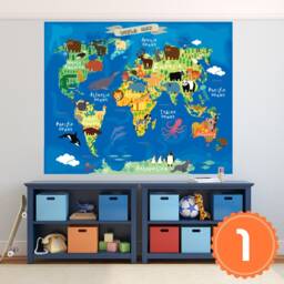 Removable Peel & Stick Wallpaper Atlas World Map Nursery Wall Mural World Map Fabric Animals Kids D??cor - thumbnail 3