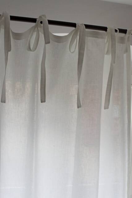 White Linen Curtain Panel Tie Top, Semi Sheer, Farmhouse Style - image 1