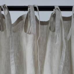 White Linen Curtain Panel Tie Top, Semi Sheer, Farmhouse Style - thumbnail 2