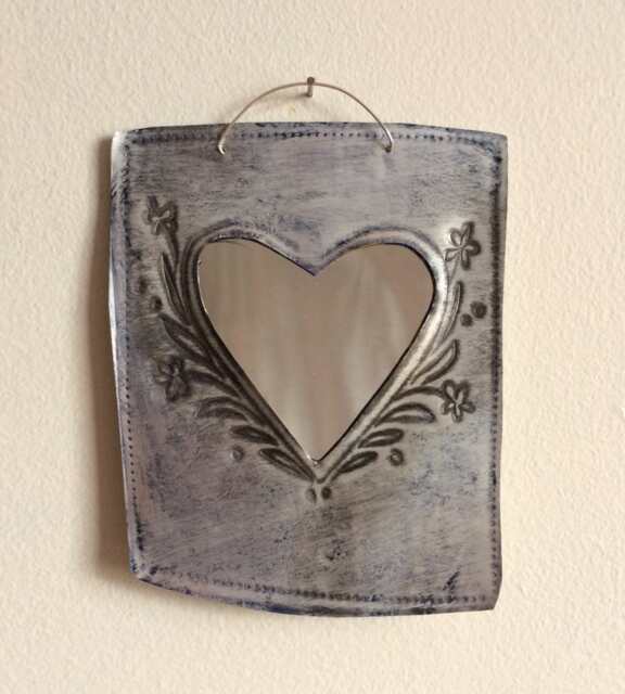 Hand-stamped Tin Heart Mirror - Floral Recycled Aluminum - image 1