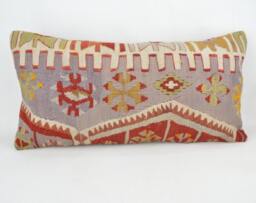 "Kilim Pillow, Wool Kilim Cousin From Anatolia, 30x60 cm, 12""x24" - thumbnail 1