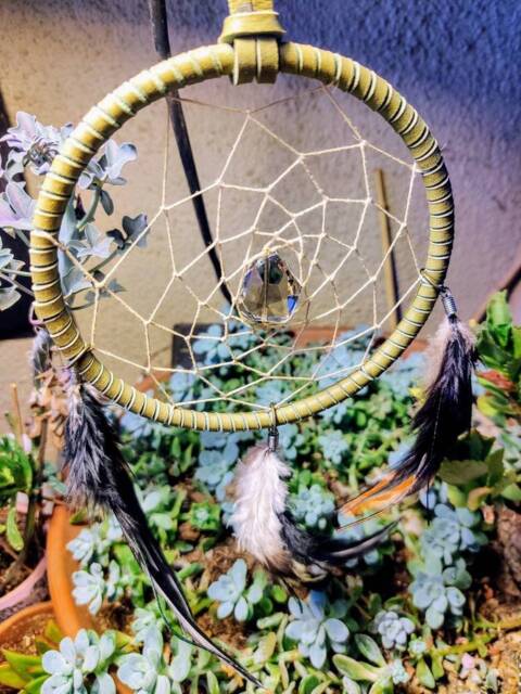 Earthy Green Leather Dreamcatcher Smokey Crystal, Rooster Feathers - image 1