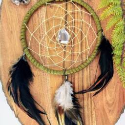 Earthy Green Leather Dreamcatcher Smokey Crystal, Rooster Feathers - thumbnail 2