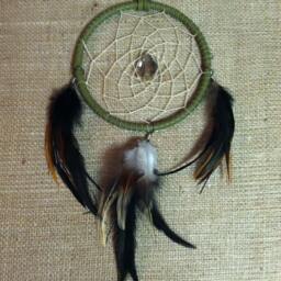 Earthy Green Leather Dreamcatcher Smokey Crystal, Rooster Feathers - thumbnail 3