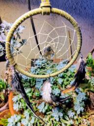 Earthy Green Leather Dreamcatcher Smokey Crystal, Rooster Feathers - thumbnail 1
