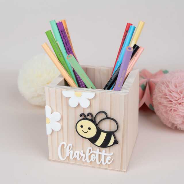 Personalized Wooden Pencil Holder, Bee Cup, School Enrollment Gift, Child Cone Farewell Gift - image 1