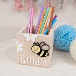 Personalized Wooden Pencil Holder, Bee Cup, School Enrollment Gift, Child Cone Farewell Gift - thumbnail 3