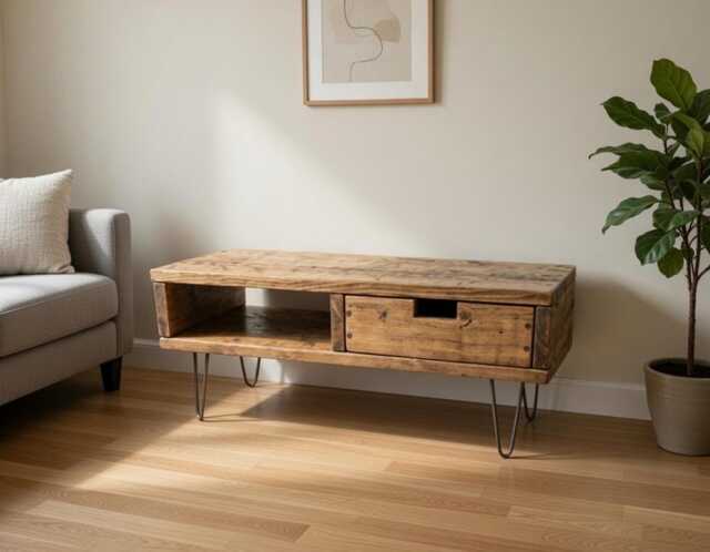Reclaimed Pine Box Tv Stand With Drawer & Hairpin Legs - image 1