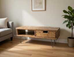 Reclaimed Pine Box Tv Stand With Drawer & Hairpin Legs