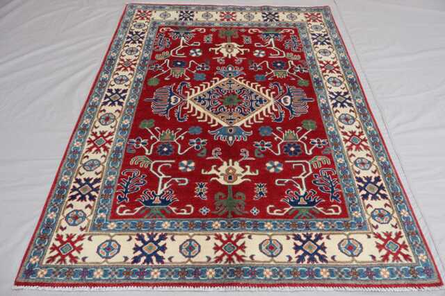 5x7 Red Kazak Area Rug Afghan Hand Knotted Natural Dyes Wool Geometric Rug, Oriental Turkmen Tribal Bedroom Kitchen Carpet 4'8x6'5 - image 1