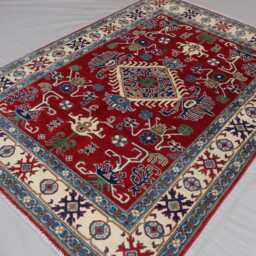 5x7 Red Kazak Area Rug Afghan Hand Knotted Natural Dyes Wool Geometric Rug, Oriental Turkmen Tribal Bedroom Kitchen Carpet 4'8x6'5 - thumbnail 2
