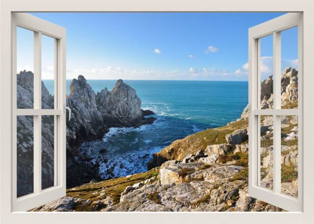 Sea View Wall Decal, Rocks Decal Mural, 3D Window Nature Sticker, Living Room Bedroom Home Decor
