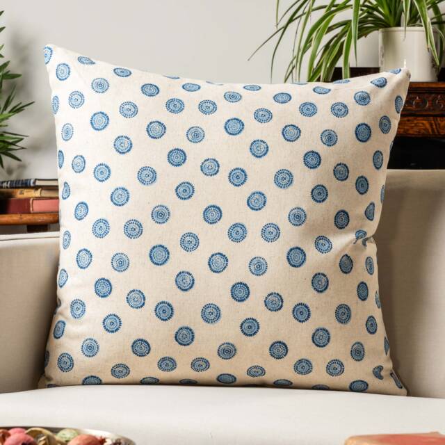 Flower Block Print Linen Blend Extra-Large Cushion in Cornflower Blue. Woodblock Floral Design Blue & White. 23X23 - image 1