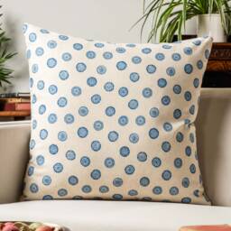 Flower Block Print Linen Blend Extra-Large Cushion in Cornflower Blue. Woodblock Floral Design Blue & White. 23X23 - thumbnail 1