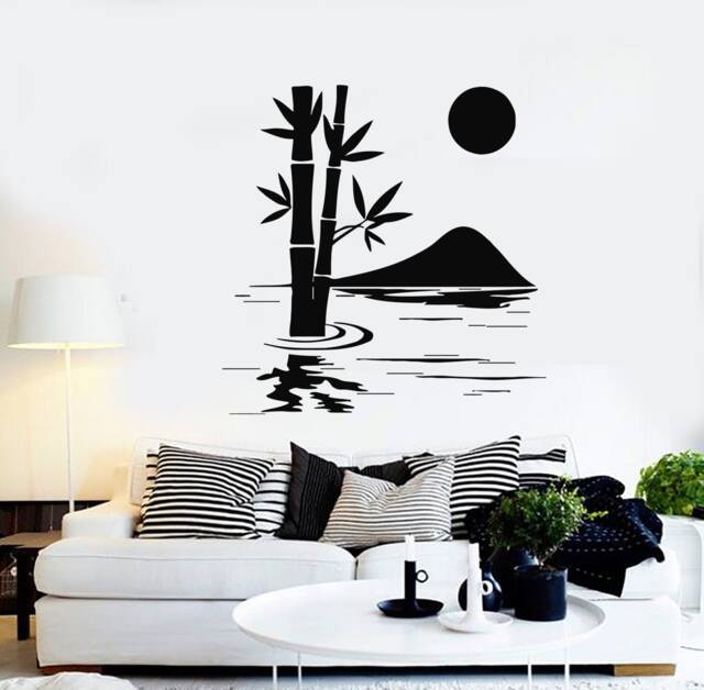 Vinyl Wall Decal Bamboo Lake Mountain Sun Asian Style Japanese Room Eastern Mediation Decor - #2318Di - image 1