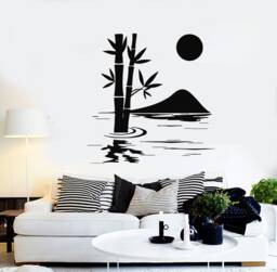 Vinyl Wall Decal Bamboo Lake Mountain Sun Asian Style Japanese Room Eastern Mediation Decor - #2318Di