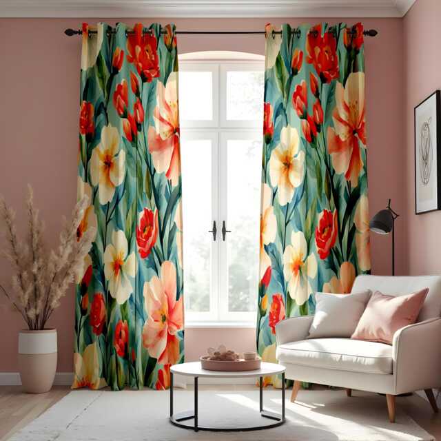 Colorful Floral Watercolor Curtain Panels, Pink & White Flowers With Green Leaves Drape, Bright Nature Inspired Window Treatment - image 1