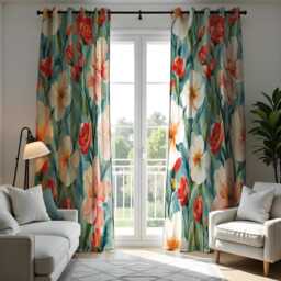 Colorful Floral Watercolor Curtain Panels, Pink & White Flowers With Green Leaves Drape, Bright Nature Inspired Window Treatment - thumbnail 3