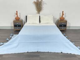 Handmade Sky Blue Knit Baby Blanket, Moroccan Cotton Pom Poms - thumbnail 1