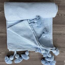 Handmade Sky Blue Knit Baby Blanket, Moroccan Cotton Pom Poms - thumbnail 3