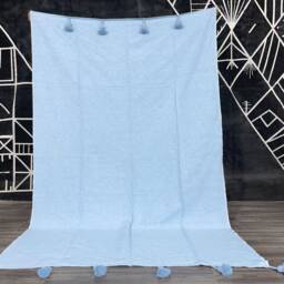 Handmade Sky Blue Knit Baby Blanket, Moroccan Cotton Pom Poms - thumbnail 2