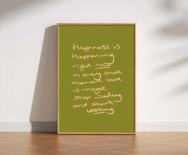Happiness Is Happening Print Handwritten - Cosy Quote Art, Mid Century Retro Mindful Positive Poster, Warm Aesthetic - image 1