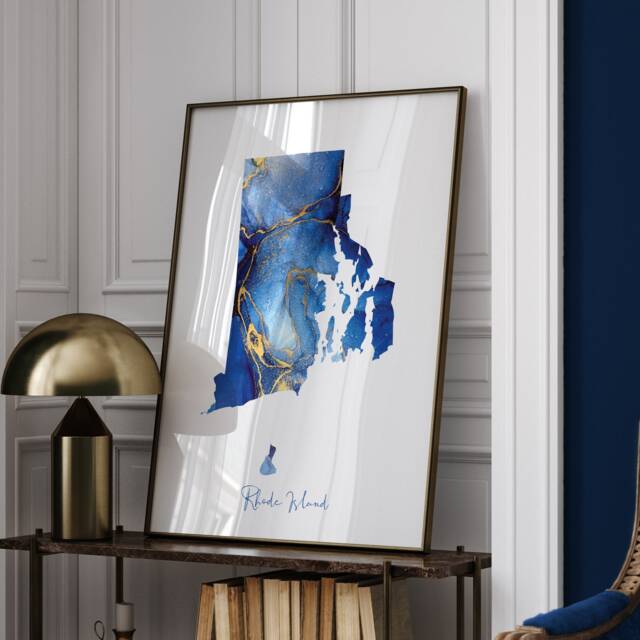 Rhode Island Map Blue & Gold Wall Art Print - Us State United States Of America Usa - image 1