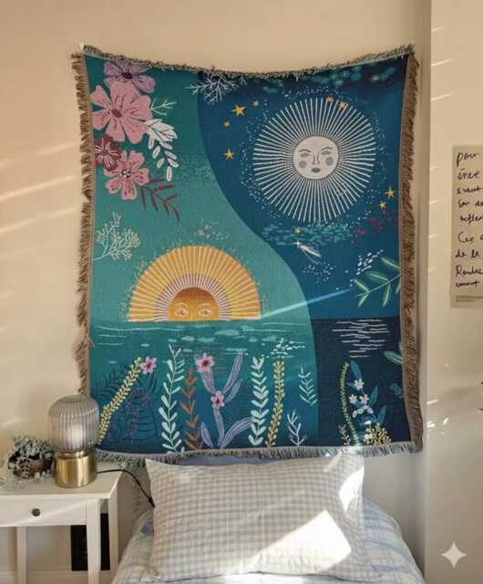 Woven Sun & Moon Celestial Tapestry - Boho Floral Wall Art Large Cotton Throw Blanket With Fringe Mystical Garden Home Decor - image 1