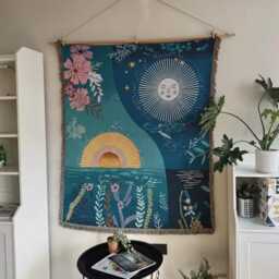 Woven Sun & Moon Celestial Tapestry - Boho Floral Wall Art Large Cotton Throw Blanket With Fringe Mystical Garden Home Decor - thumbnail 3