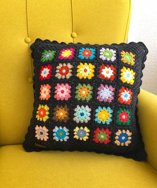 Crochet Daisy Pillow Cover, Black Trim Floral Granny Square Cushion - image 1