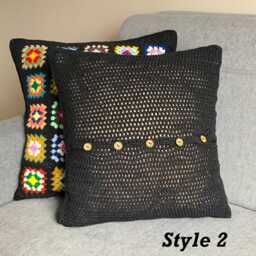Crochet Daisy Pillow Cover, Black Trim Floral Granny Square Cushion - thumbnail 4