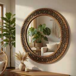 Boho Geometric Round Wall Mirror - Laser Cut Wooden Frame, Modern Home Decor, Large Circle For Living Room Or Bedroom - thumbnail 1