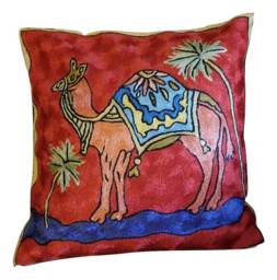 "Silk Embroidery Throw Cushion Cover -Red Camel 16""x16" - thumbnail 1