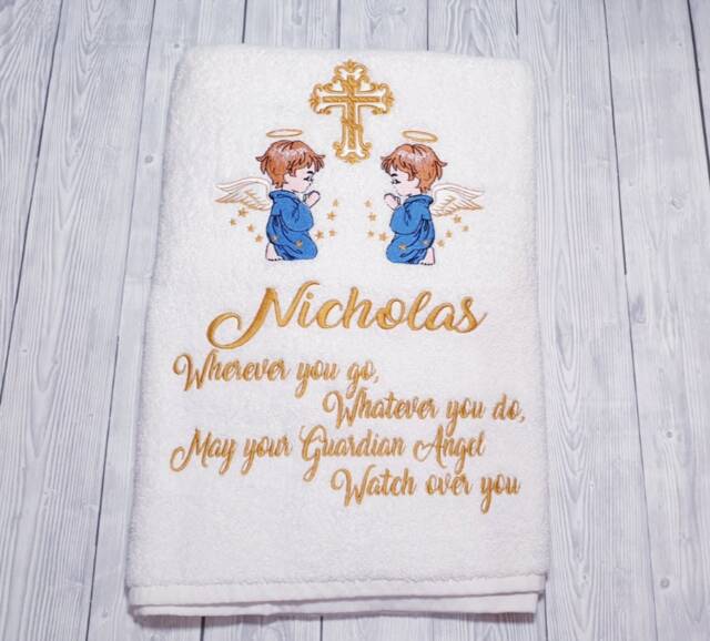 Personalized Guardian Angel Baptism Towel, Custom Embroidered, Christening Keepsake, Religious Gift, Baby Blessing Memory - image 1