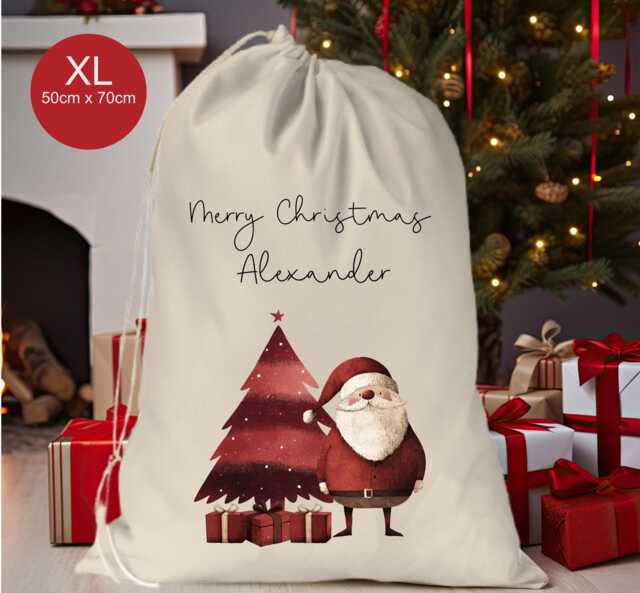 Personalised Xl Drawstring Christmas Sack/stocking..modern Santa Tree Presents Unise Xmas Present Sack Gift Bag..santa - image 1