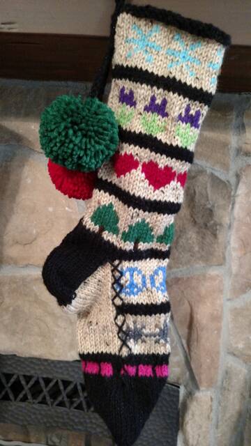 Hand Knit Christmas Stocking Multi Color Sampler Snowflakes Flowers Hearts Fir Trees Peace By Santa's Works - image 1
