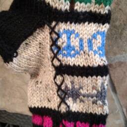 Hand Knit Christmas Stocking Multi Color Sampler Snowflakes Flowers Hearts Fir Trees Peace By Santa's Works - thumbnail 3