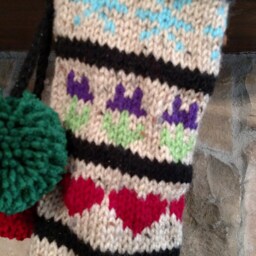 Hand Knit Christmas Stocking Multi Color Sampler Snowflakes Flowers Hearts Fir Trees Peace By Santa's Works - thumbnail 2