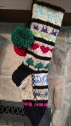 Hand Knit Christmas Stocking Multi Color Sampler Snowflakes Flowers Hearts Fir Trees Peace By Santa's Works