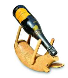 Drunken Pig Bottle Holder Natural, Hand-Carved Bamboo Wine