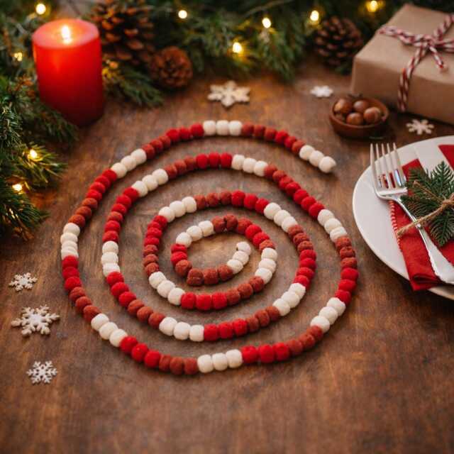 Mini Crimson Pom Garland - Christmas Party Decoration Felt Handmade Biodegradable Fair Trade - image 1