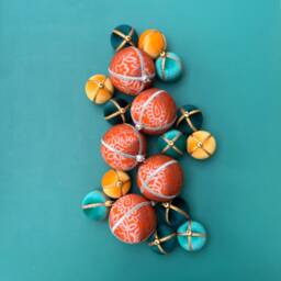 Orange Silver Floral Christmas Bauble - Handmade Indian Fabric Ornament Bold Leaf Tree Decoration - thumbnail 2