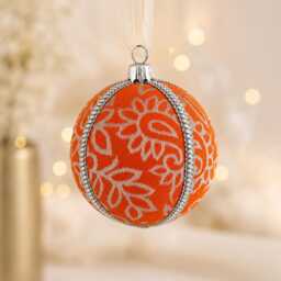 Orange Silver Floral Christmas Bauble - Handmade Indian Fabric Ornament Bold Leaf Tree Decoration - thumbnail 3