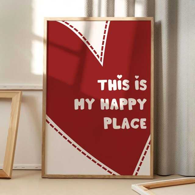 This Is My Happy Place Red Heart Art Canvas Poster, Trendy Wall Art, Blue Love Aesthetic Decor, Retro Home Printed Gift - image 1