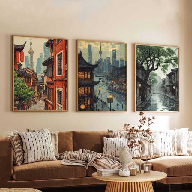 Set Of 3 Shanghai City Posters, Travel Prints, Wall Art, Decor Set, Cityscape Prints - image 1