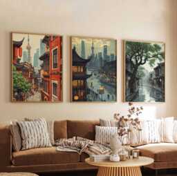 Set Of 3 Shanghai City Posters, Travel Prints, Wall Art, Decor Set, Cityscape Prints - thumbnail 1