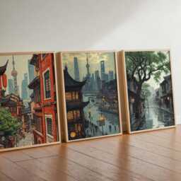 Set Of 3 Shanghai City Posters, Travel Prints, Wall Art, Decor Set, Cityscape Prints - thumbnail 2