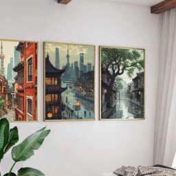 Set Of 3 Shanghai City Posters, Travel Prints, Wall Art, Decor Set, Cityscape Prints - thumbnail 3